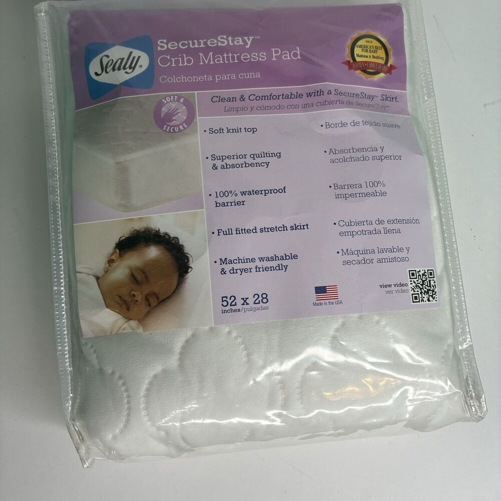 Sealy SecureStay Waterproof Crib Mattress Pad Quilted Soft Knit Top 52"X28" New